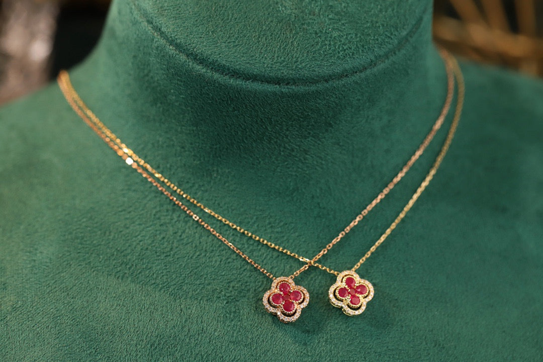 18K Solid Gold Genuine Ruby Diamond Clover necklace/Dainty Four leaf clover Ruby necklace/wedding,Anniversary Jewelry/ gift for her