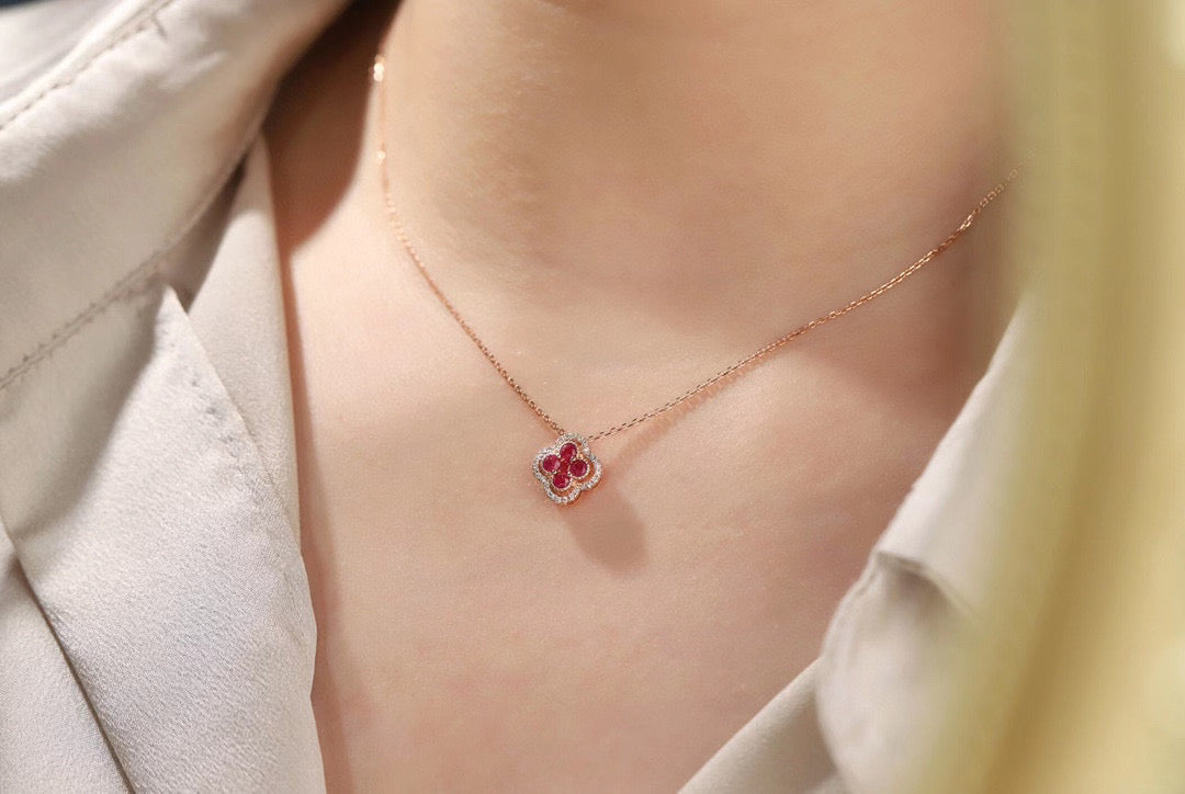 18K Solid Gold Genuine Ruby Diamond Clover necklace/Dainty Four leaf clover Ruby necklace/wedding,Anniversary Jewelry/ gift for her