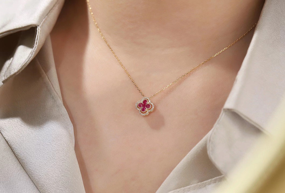 18K Solid Gold Genuine Ruby Diamond Clover necklace/Dainty Four leaf clover Ruby necklace/wedding,Anniversary Jewelry/ gift for her