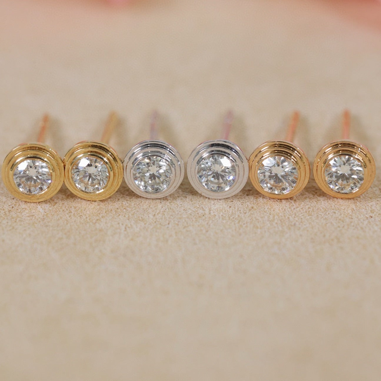 18K Solid Gold Diamond Stud Earrings, micro-paved belt that encircles the Round Diamond Earrings, everyone wear