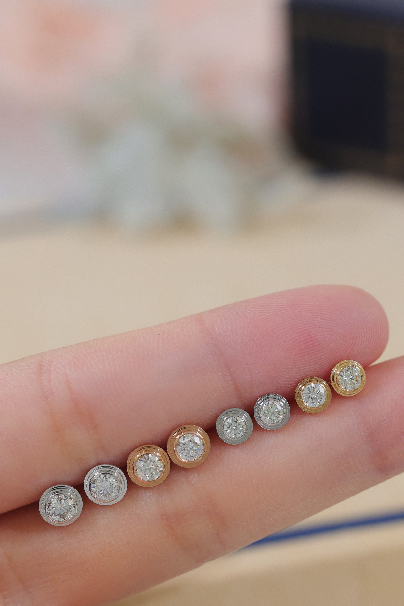 18K Solid Gold Diamond Stud Earrings, micro-paved belt that encircles the Round Diamond Earrings, everyone wear
