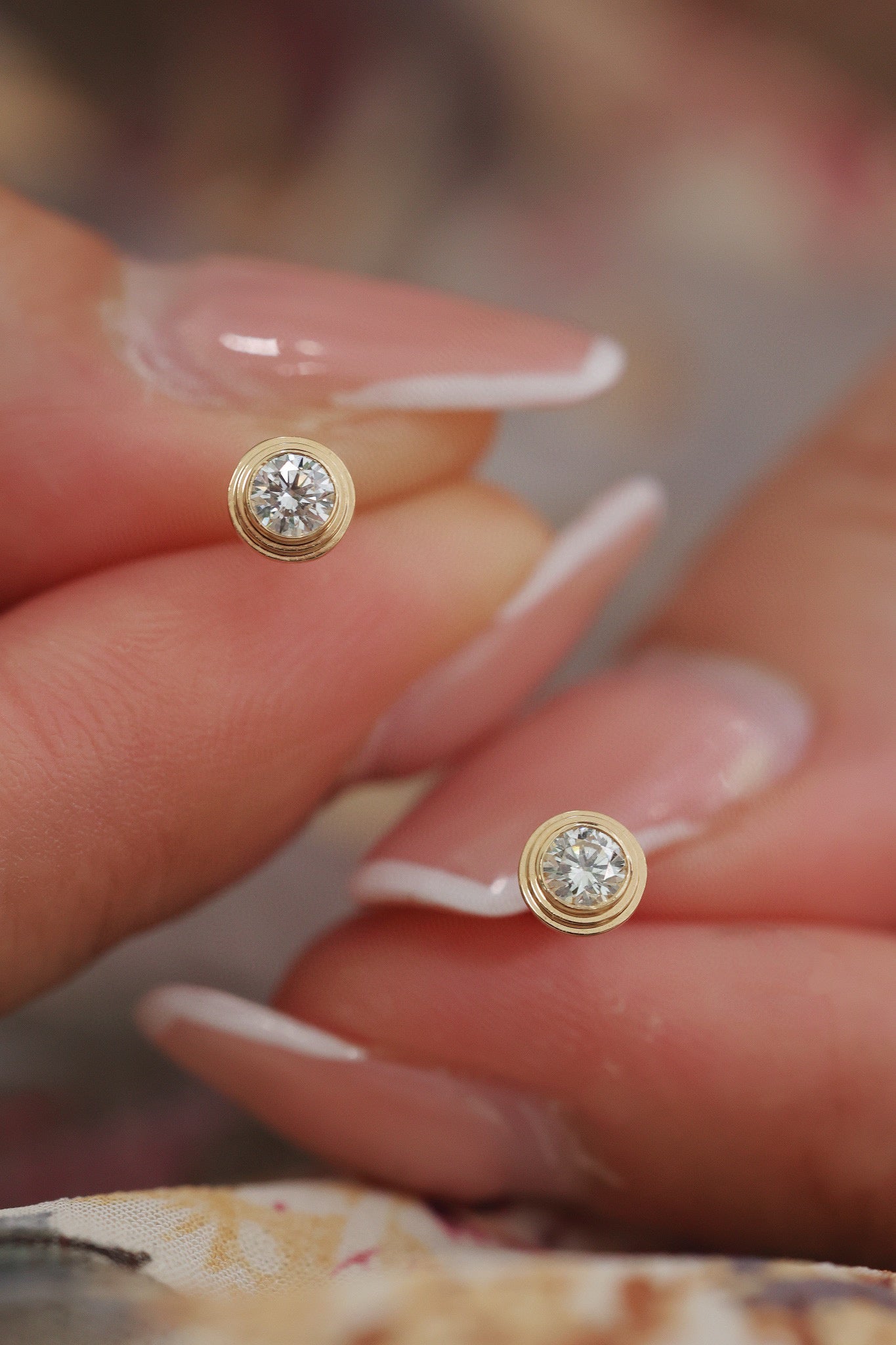 18K Solid Gold Diamond Stud Earrings, micro-paved belt that encircles the Round Diamond Earrings, everyone wear
