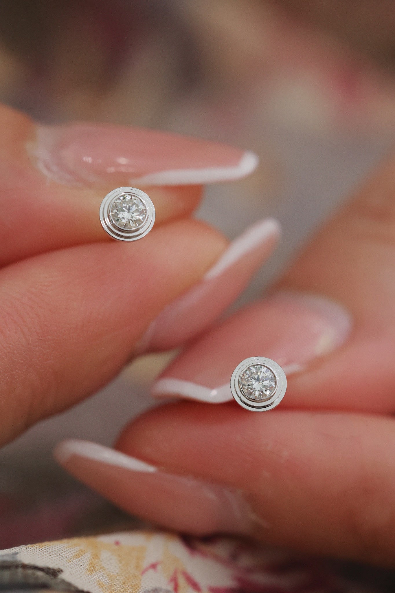 18K Solid Gold Diamond Stud Earrings, micro-paved belt that encircles the Round Diamond Earrings, everyone wear