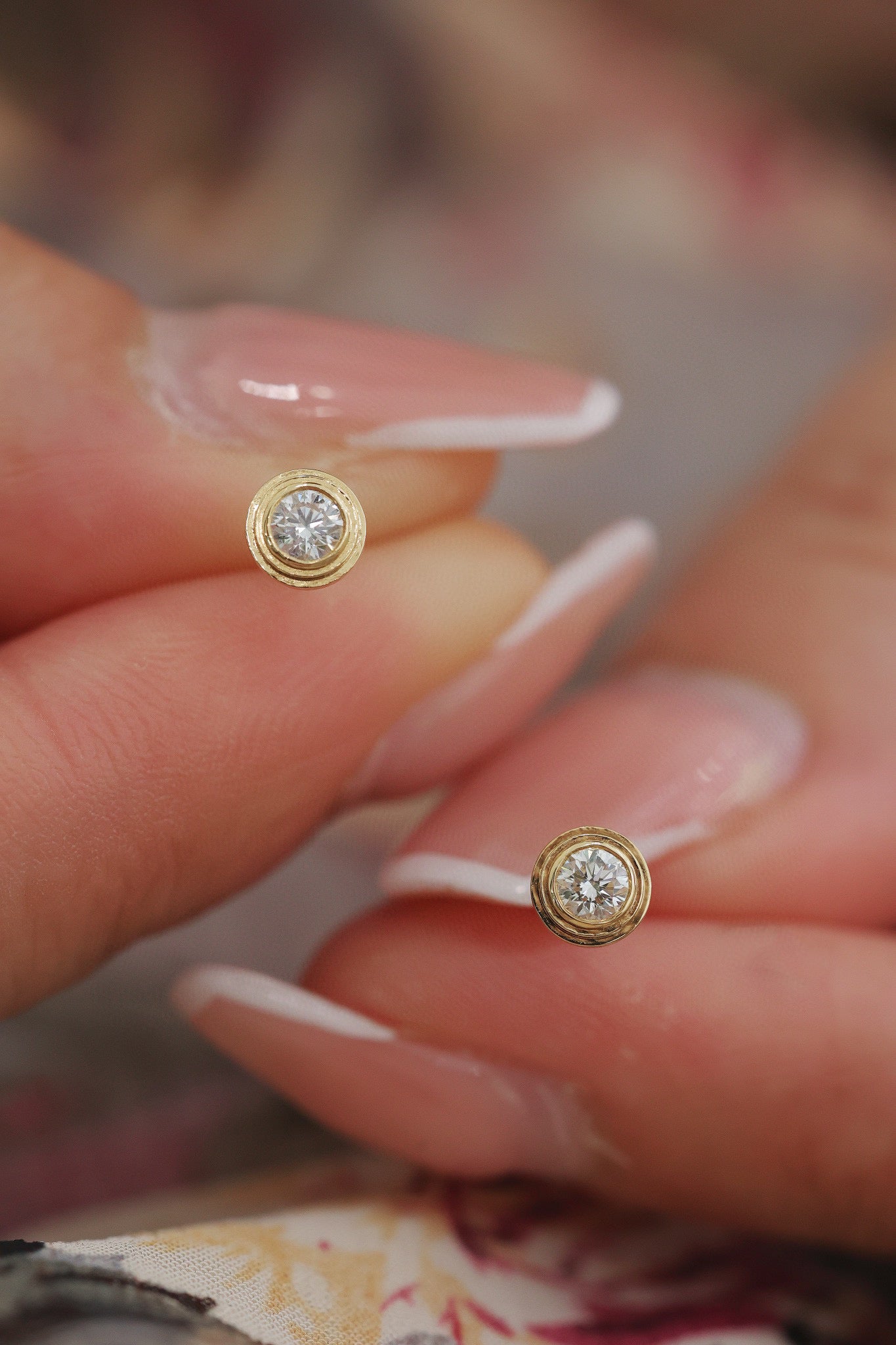 18K Solid Gold Diamond Stud Earrings, micro-paved belt that encircles the Round Diamond Earrings, everyone wear