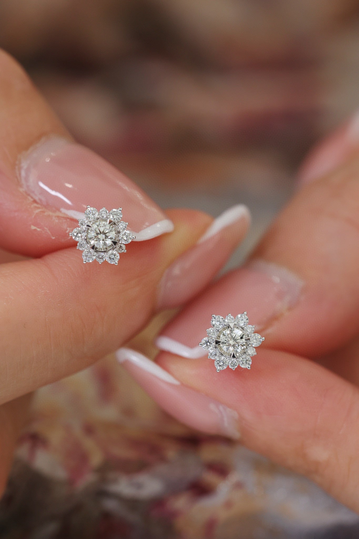 18K Solid Gold Snow Flower Diamond Stud Earrings, Diamond stud earrings