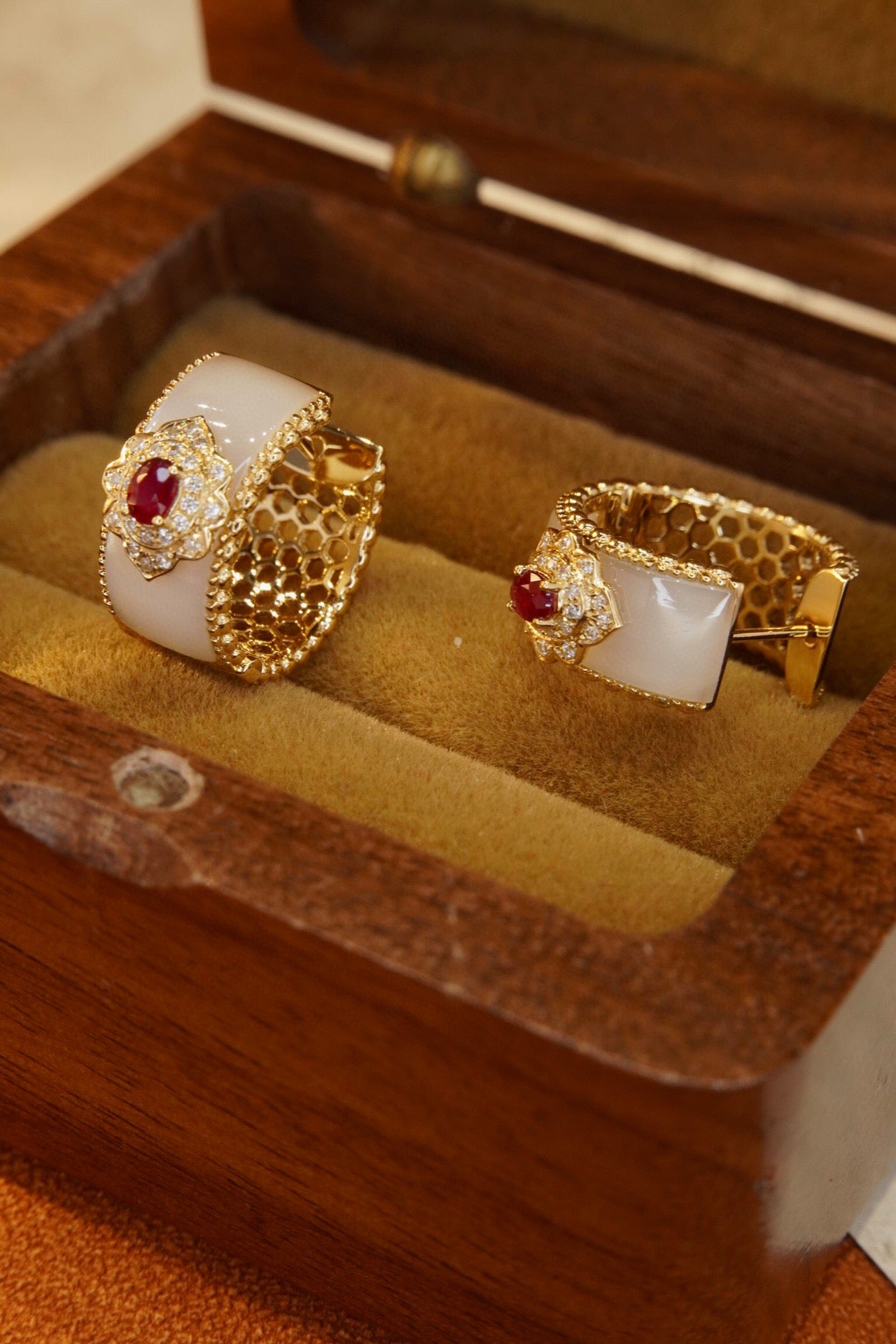 Vintage Ruby Diamond Hoop Earrings, 18K Solid Gold Ruby Diamond Hoop Earrings