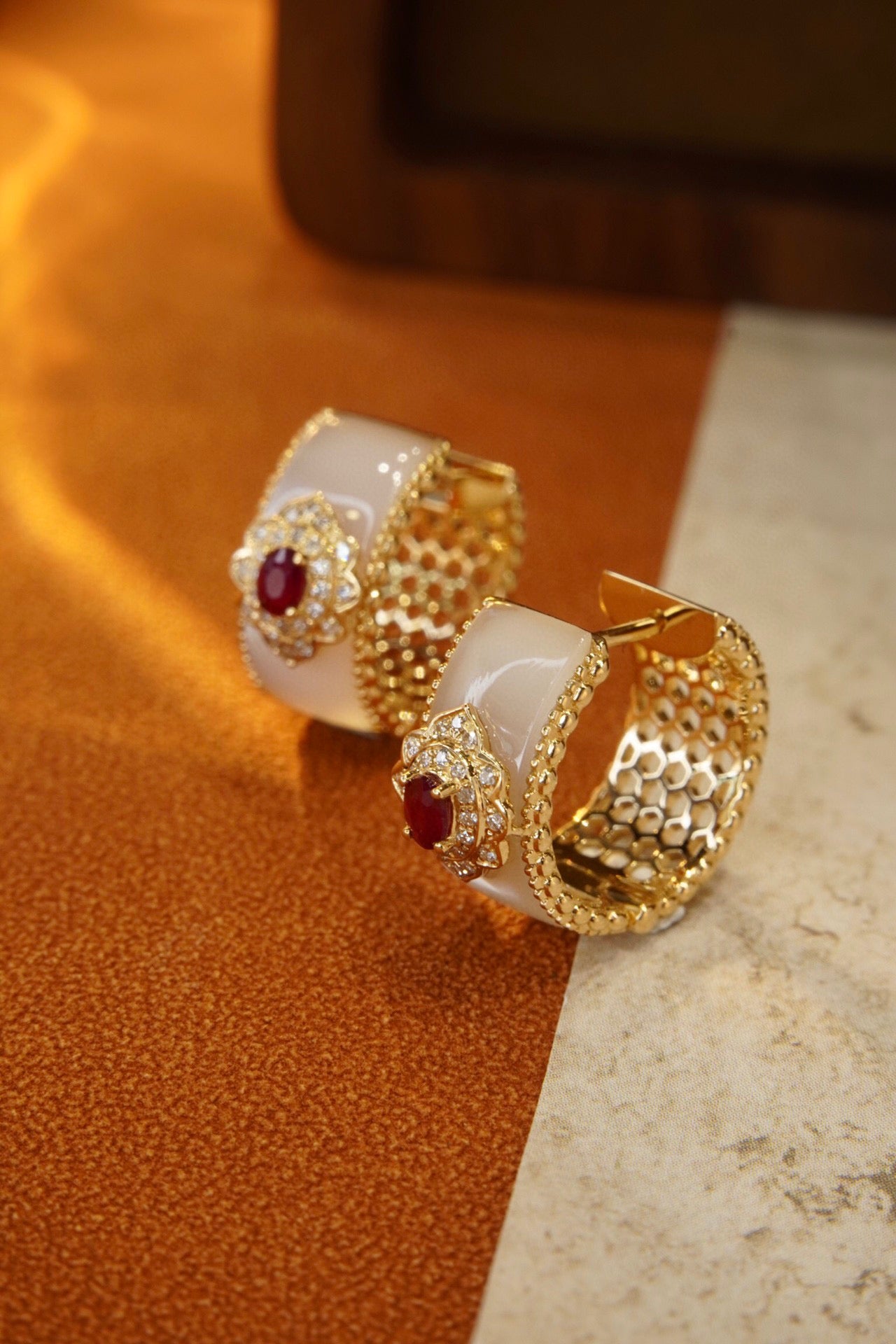 Vintage Ruby Diamond Hoop Earrings, 18K Solid Gold Ruby Diamond Hoop Earrings