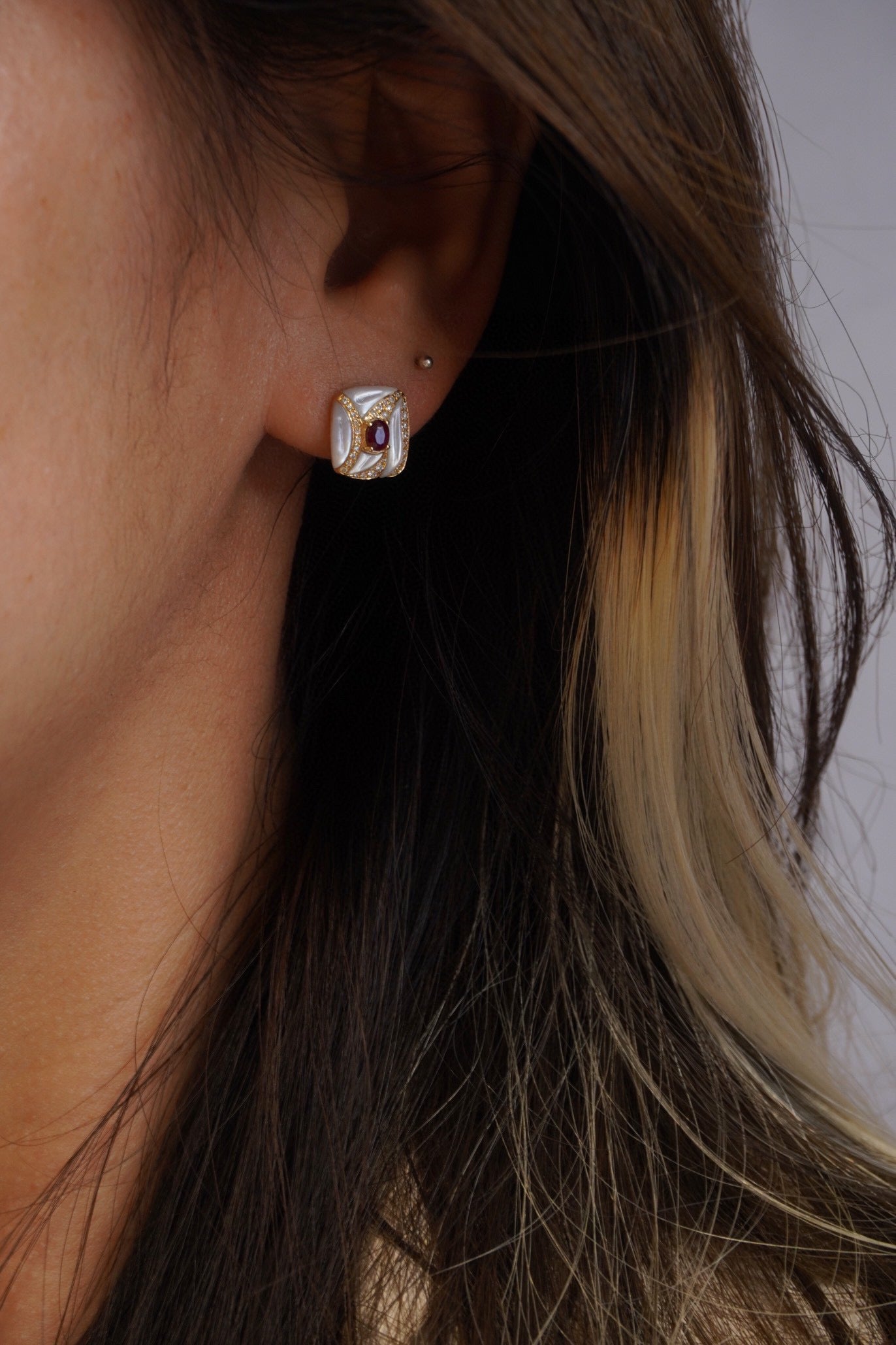 Vintage Ruby Diamond Earrings,18K Solid Gold Ruby Diamond Stud Earrings
