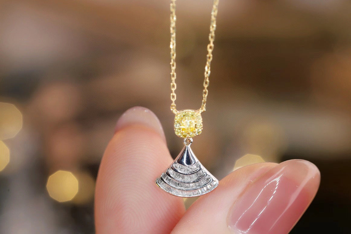 Classic 18K Solid Gold Genuine Yellow Diamond Skirt necklace/Dainty Yellow Diamond necklace/wedding,Anniversary Jewelry/ gift for her