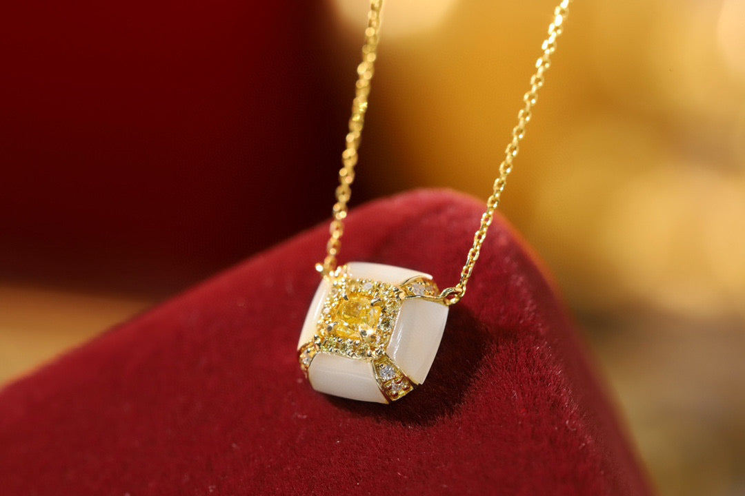 Fancy 18K Solid Gold Genuine Yellow Diamond necklace/Dainty Yellow Diamond Mother of pearl necklace/wedding,Anniversary Jewelry/ gift for her