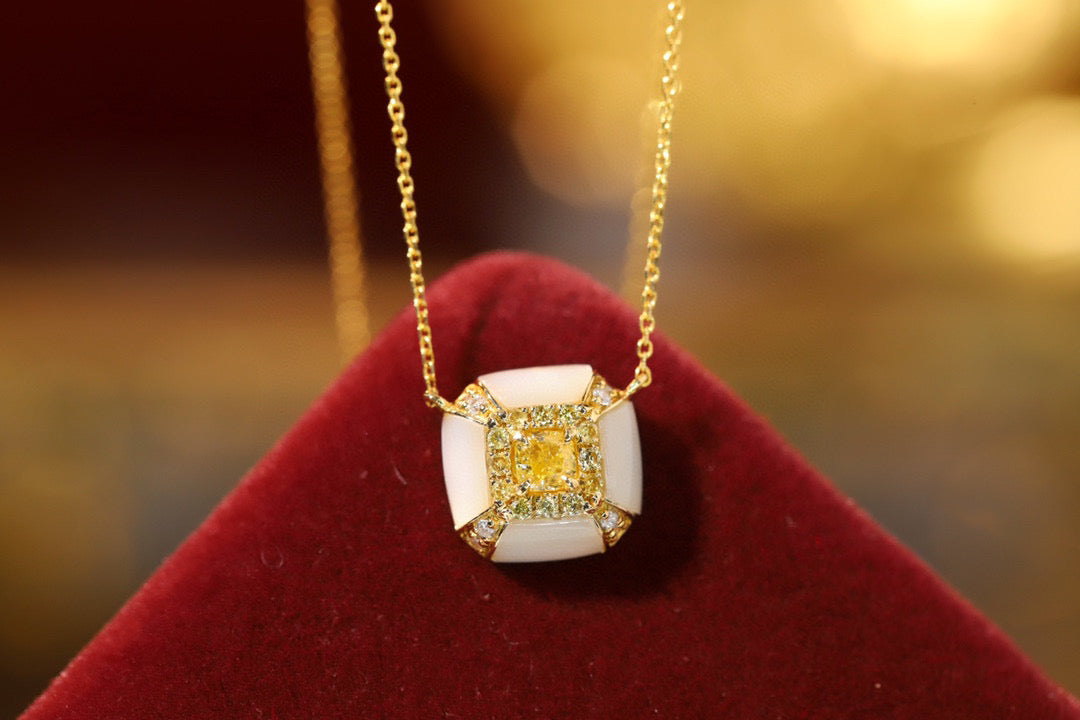 Fancy 18K Solid Gold Genuine Yellow Diamond necklace/Dainty Yellow Diamond Mother of pearl necklace/wedding,Anniversary Jewelry/ gift for her