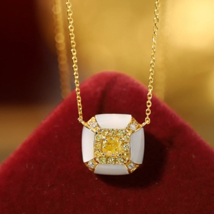 Fancy 18K Solid Gold Genuine Yellow Diamond necklace/Dainty Yellow Diamond Mother of pearl necklace/wedding,Anniversary Jewelry/ gift for her