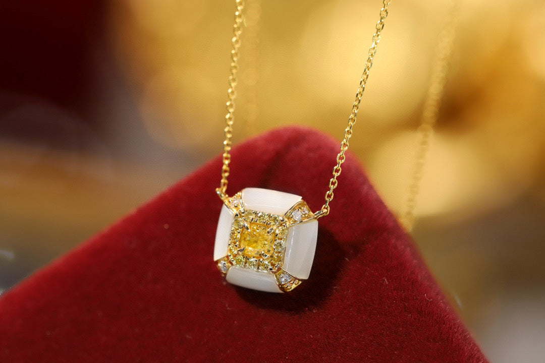 Fancy 18K Solid Gold Genuine Yellow Diamond necklace/Dainty Yellow Diamond Mother of pearl necklace/wedding,Anniversary Jewelry/ gift for her