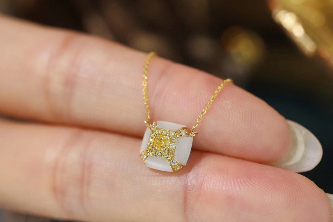 Fancy 18K Solid Gold Genuine Yellow Diamond necklace/Dainty Yellow Diamond Mother of pearl necklace/wedding,Anniversary Jewelry/ gift for her