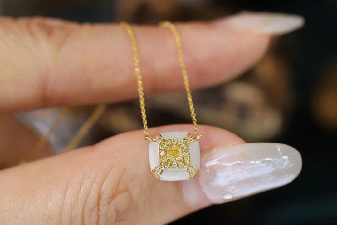 Fancy 18K Solid Gold Genuine Yellow Diamond necklace/Dainty Yellow Diamond Mother of pearl necklace/wedding,Anniversary Jewelry/ gift for her