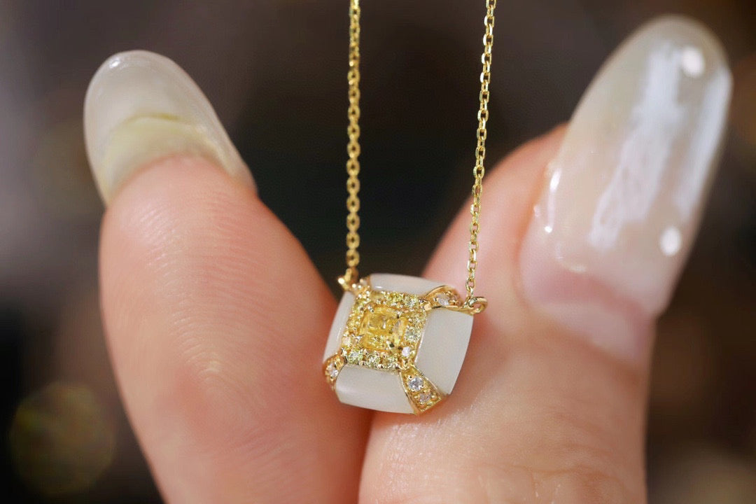 Fancy 18K Solid Gold Genuine Yellow Diamond necklace/Dainty Yellow Diamond Mother of pearl necklace/wedding,Anniversary Jewelry/ gift for her