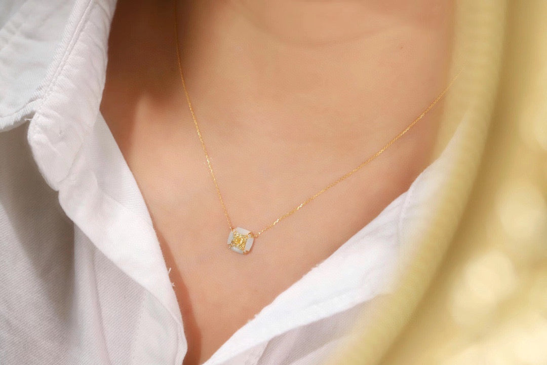 Fancy 18K Solid Gold Genuine Yellow Diamond necklace/Dainty Yellow Diamond Mother of pearl necklace/wedding,Anniversary Jewelry/ gift for her