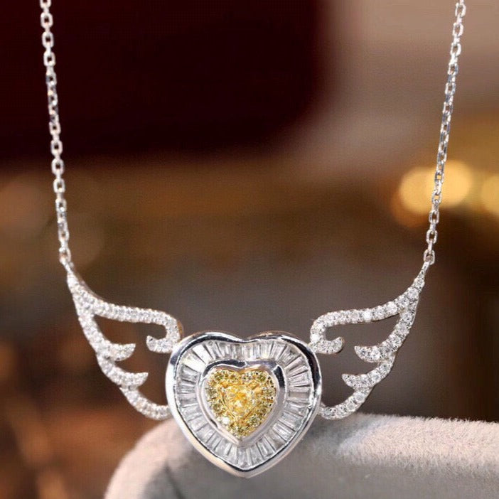 Fancy 18K Solid Gold Angle Wings Genuine Yellow Diamond necklace/Dainty Heart Yellow Diamond Mother of pearl necklace/wedding,Anniversary Jewelry/ gift for her