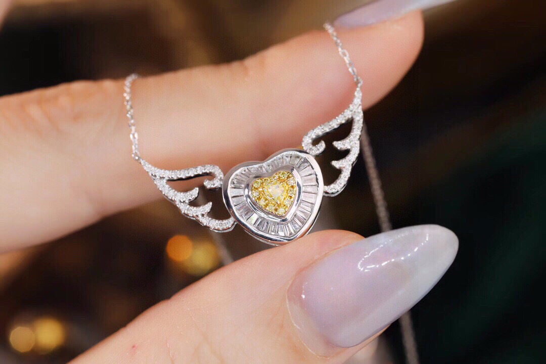 Fancy 18K Solid Gold Angle Wings Genuine Yellow Diamond necklace/Dainty Heart Yellow Diamond Mother of pearl necklace/wedding,Anniversary Jewelry/ gift for her