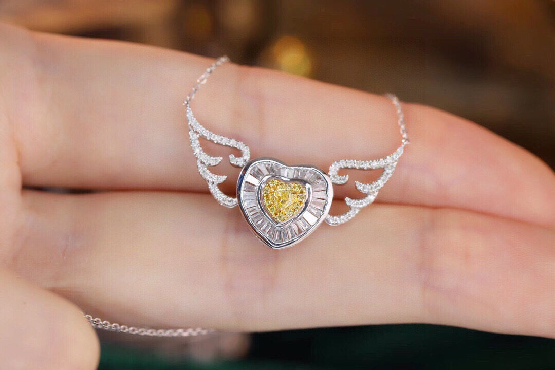 Fancy 18K Solid Gold Angle Wings Genuine Yellow Diamond necklace/Dainty Heart Yellow Diamond Mother of pearl necklace/wedding,Anniversary Jewelry/ gift for her
