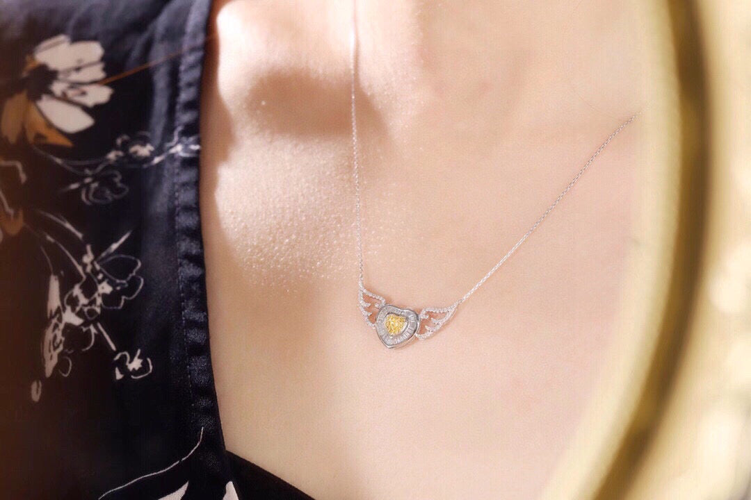 Fancy 18K Solid Gold Angle Wings Genuine Yellow Diamond necklace/Dainty Heart Yellow Diamond Mother of pearl necklace/wedding,Anniversary Jewelry/ gift for her