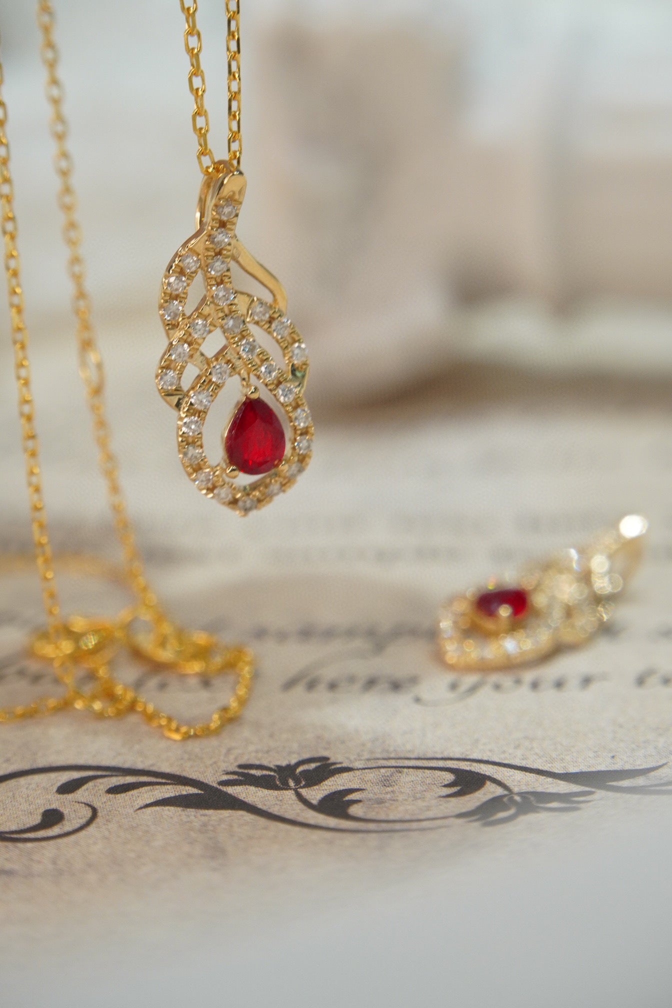 Art Deco Ruby Diamond Feather Pendant, 18K Solid Gold Ruby Diamond Pendant