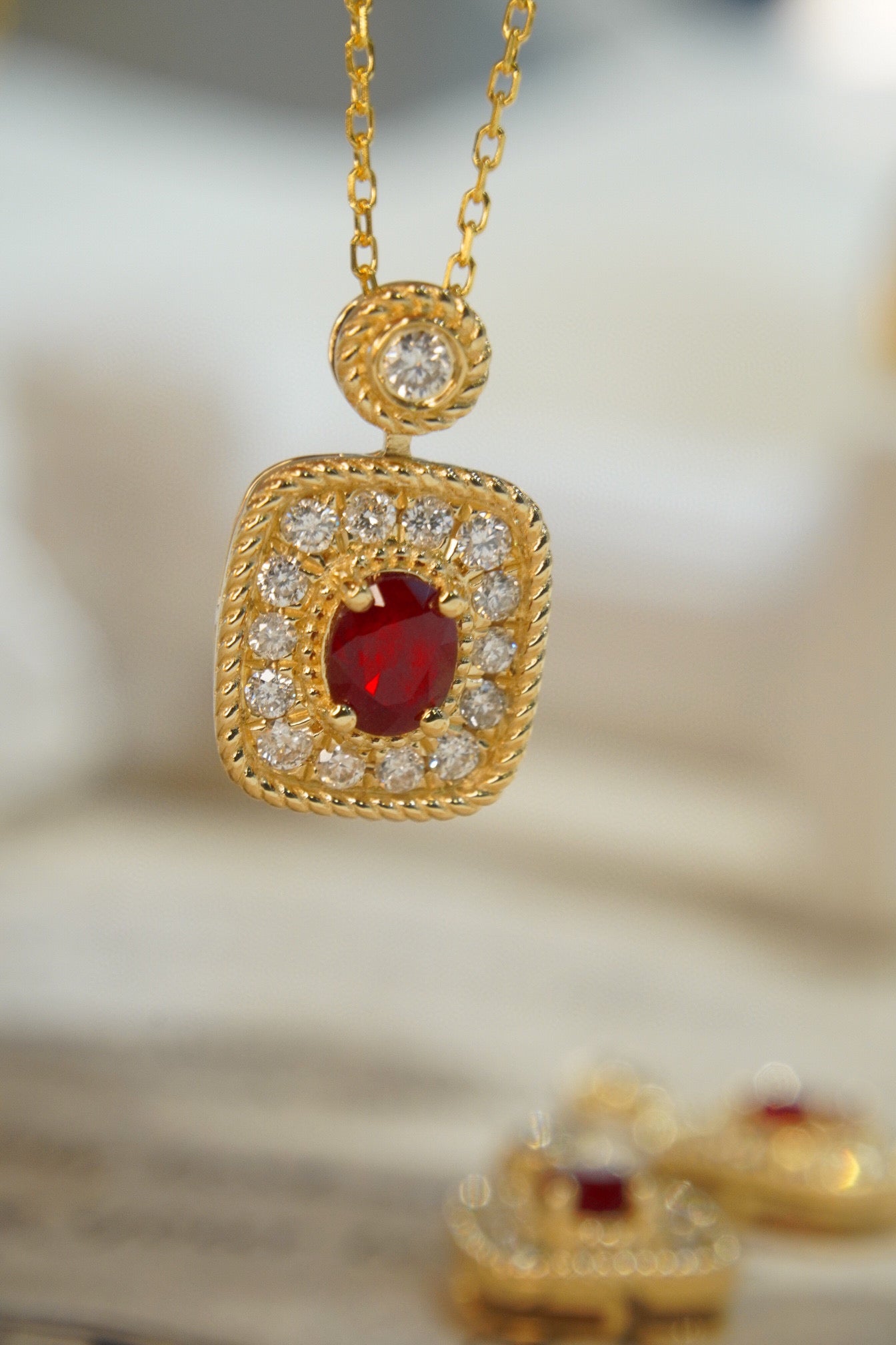 Vintage Ruby Diamond Pendant, 18K Solid Gold Ruby Diamond Pendant