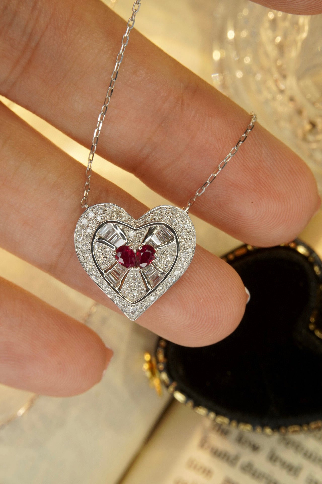 Vintage Heart Ruby Diamond Necklace,18K Solid Gold Ruby Diamond Heart Necklace