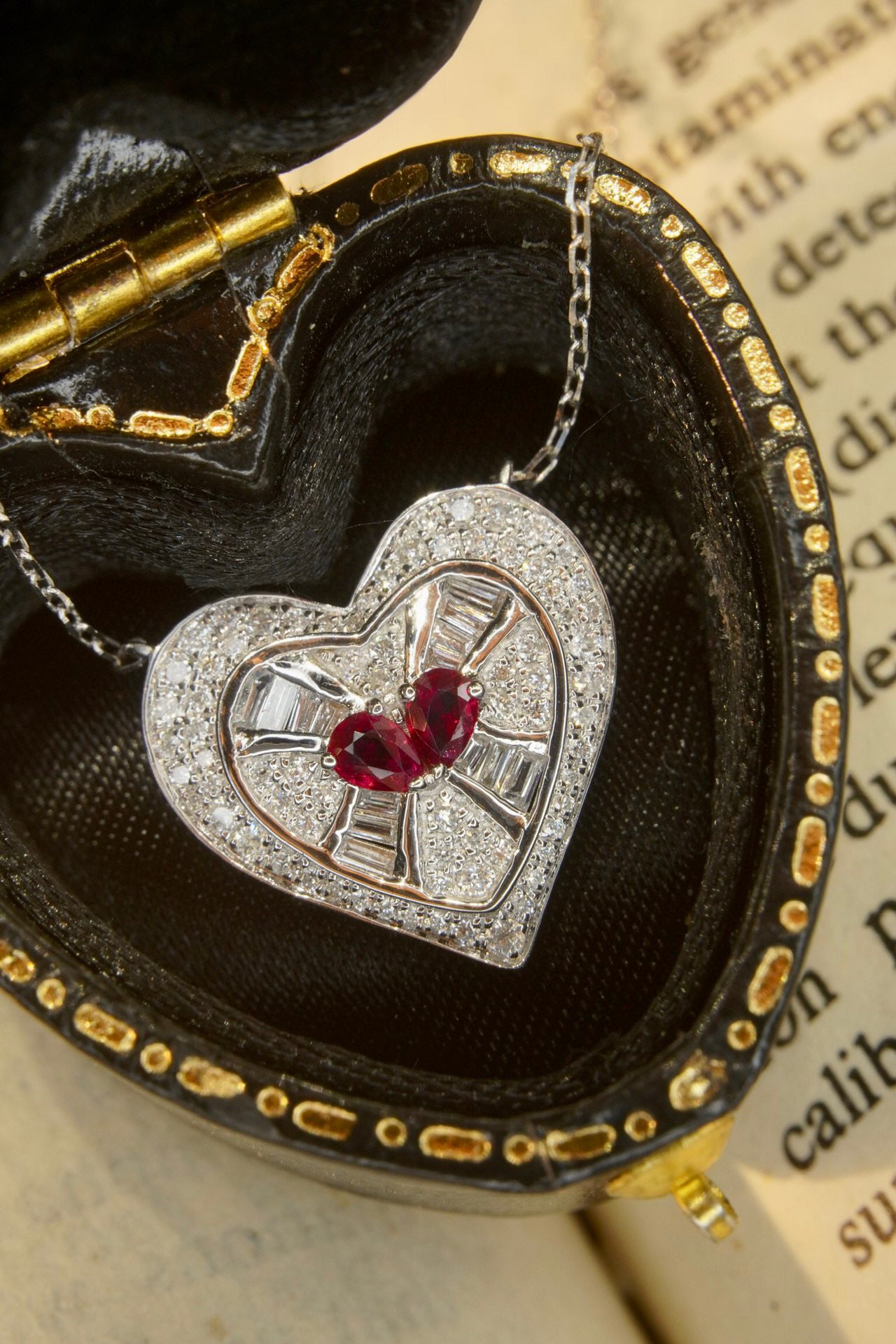 Vintage Heart Ruby Diamond Necklace,18K Solid Gold Ruby Diamond Heart Necklace