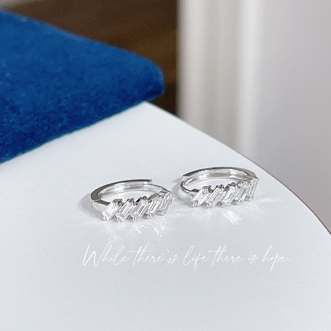 Vintage 18K Solid Gold Baguette Diamond Hoop Earrings, gift for her