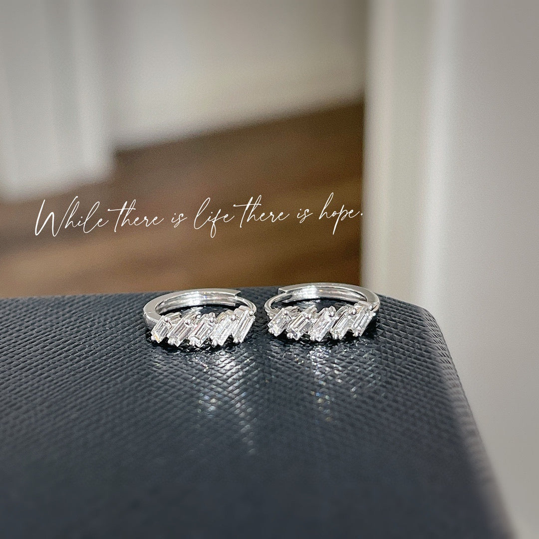 Vintage 18K Solid Gold Baguette Diamond Hoop Earrings, gift for her