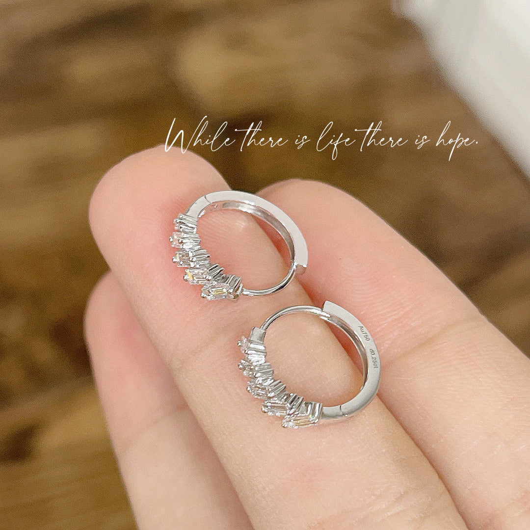 Vintage 18K Solid Gold Baguette Diamond Hoop Earrings, gift for her