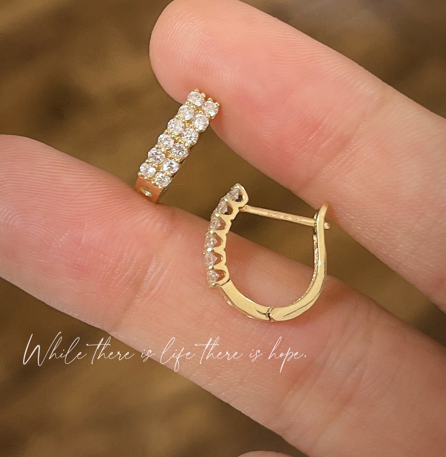 Classic 18K Solid Gold two row diamond earrings, gold hoop earrings, gift for her