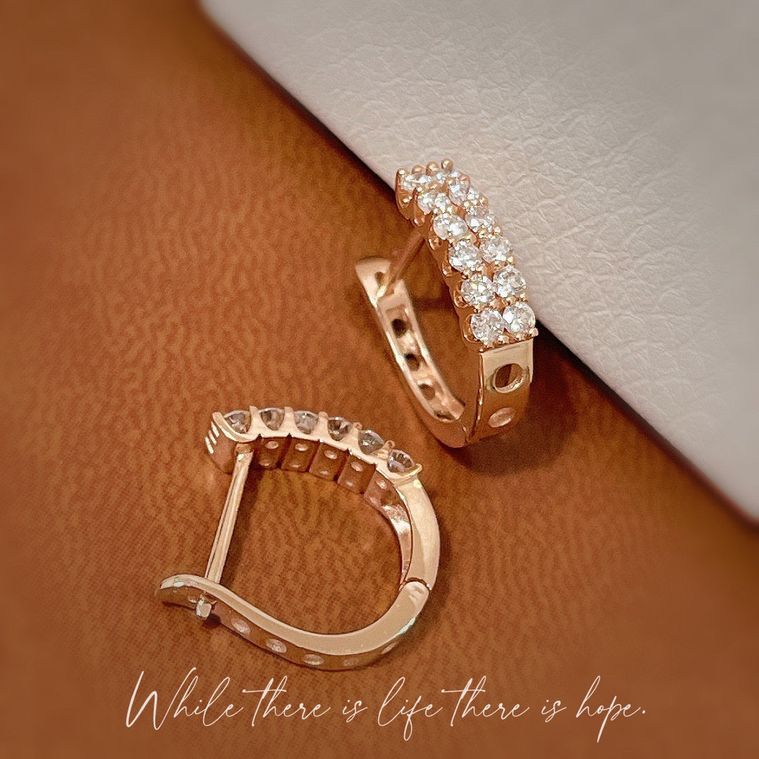 Classic 18K Solid Gold two row diamond earrings, gold hoop earrings, gift for her
