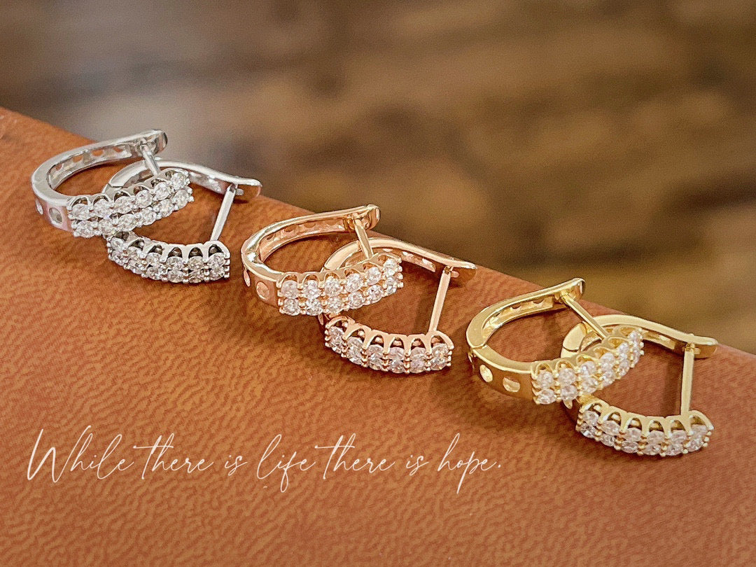 Classic 18K Solid Gold two row diamond earrings, gold hoop earrings, gift for her