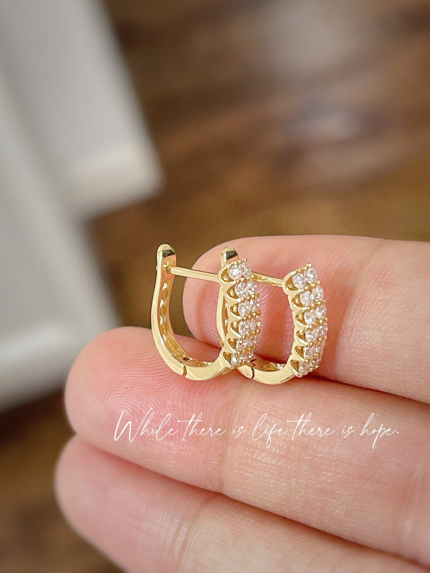 Classic 18K Solid Gold two row diamond earrings, gold hoop earrings, gift for her