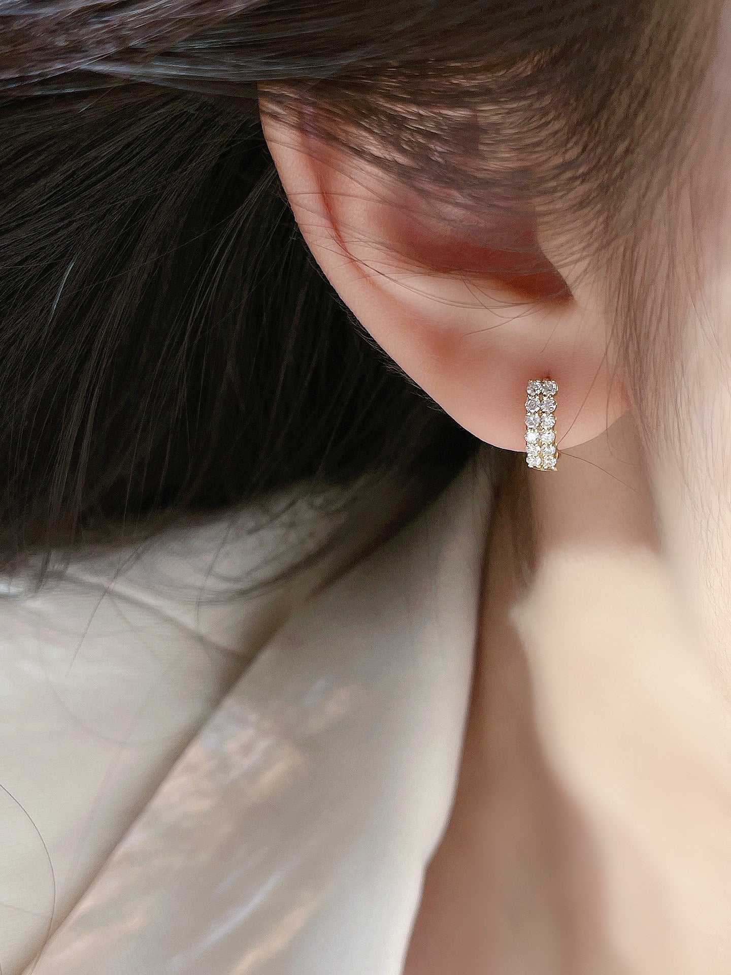 Classic 18K Solid Gold two row diamond earrings, gold hoop earrings, gift for her