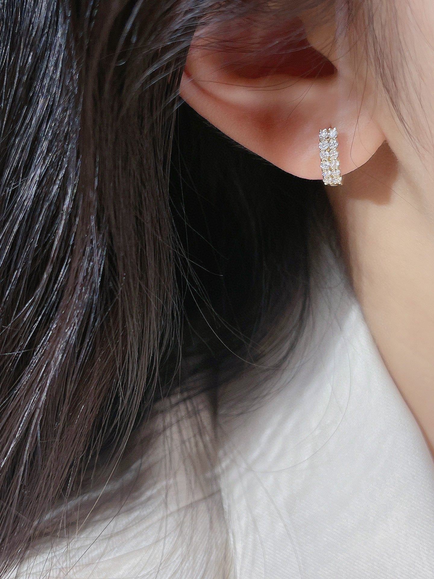 Classic 18K Solid Gold two row diamond earrings, gold hoop earrings, gift for her