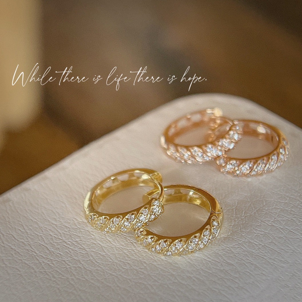 Art Deco 18K Solid Gold Diamond Hoop Earrings, Dainty Diamond Earrings