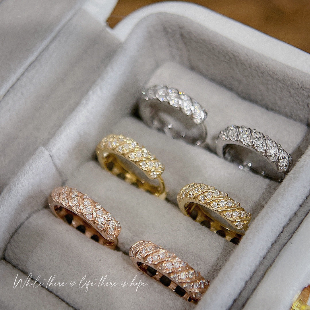 Art Deco 18K Solid Gold Diamond Hoop Earrings, Dainty Diamond Earrings