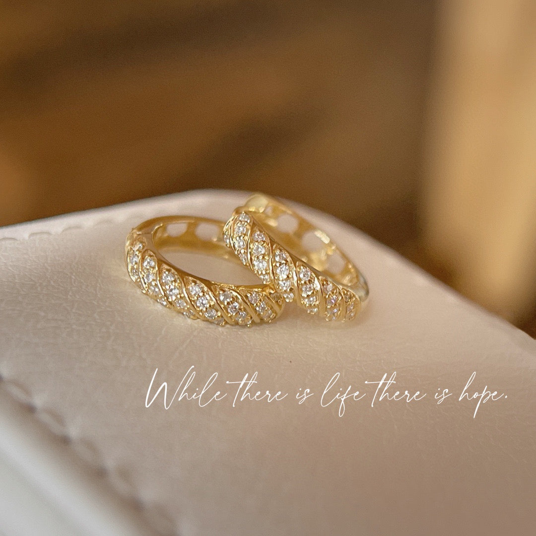 Art Deco 18K Solid Gold Diamond Hoop Earrings, Dainty Diamond Earrings