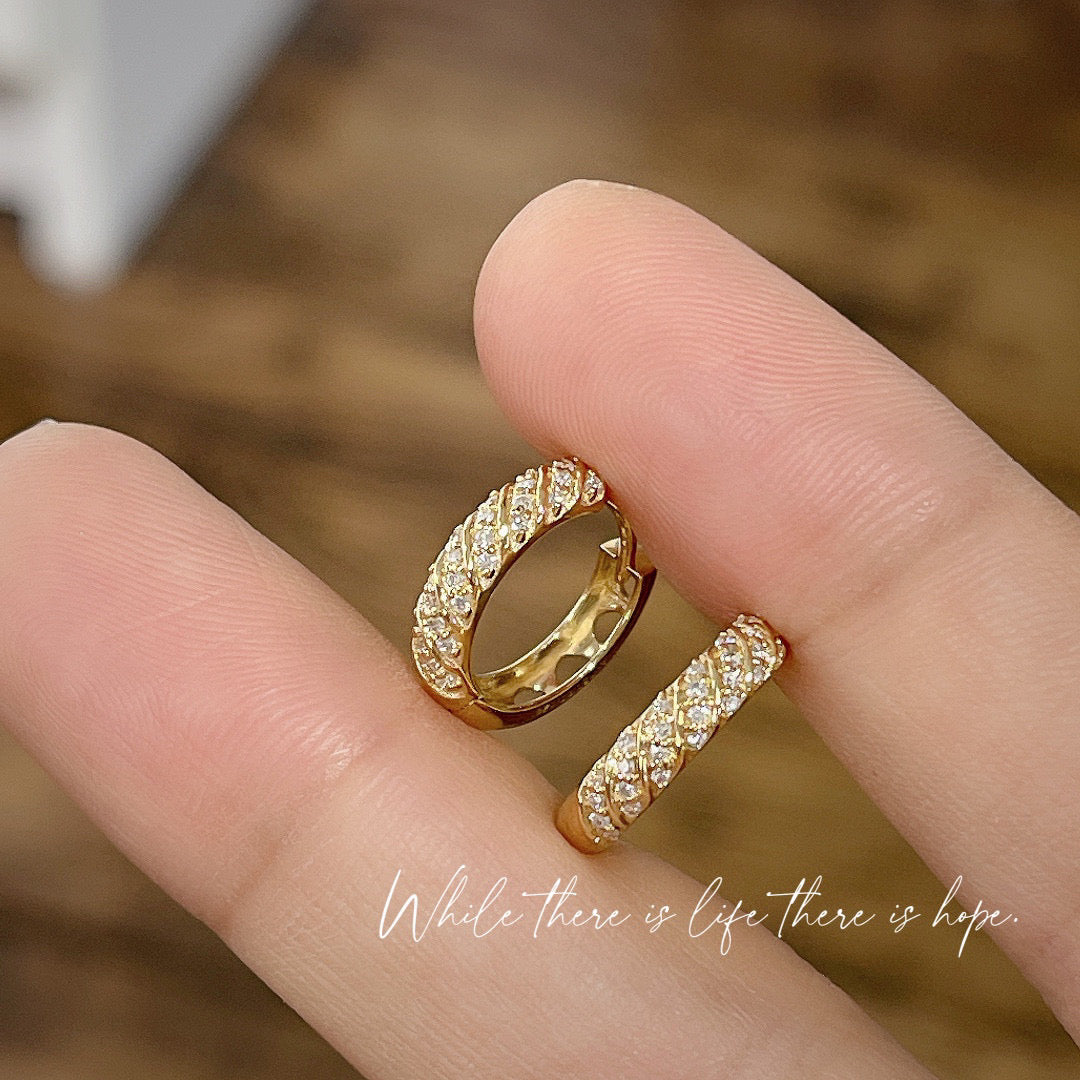 Art Deco 18K Solid Gold Diamond Hoop Earrings, Dainty Diamond Earrings