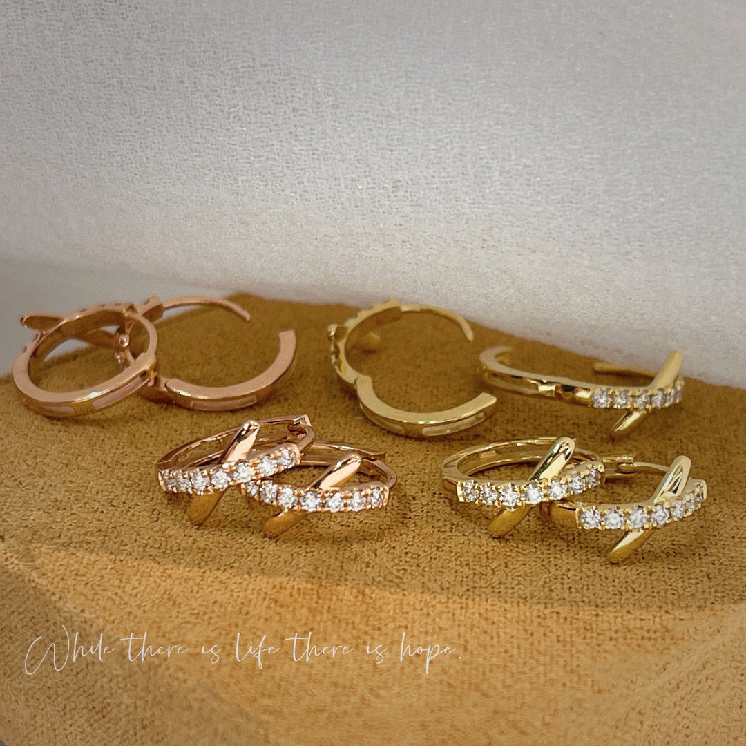 Dainty 18K Solid Gold X Diamond Hoop Earrings, everyday wear earrings