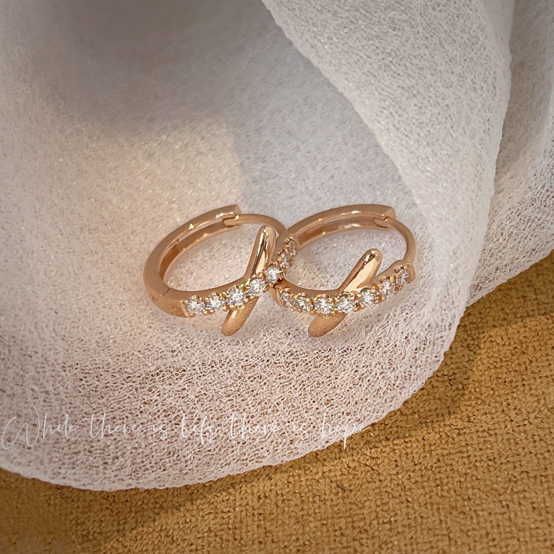 Dainty 18K Solid Gold X Diamond Hoop Earrings, everyday wear earrings