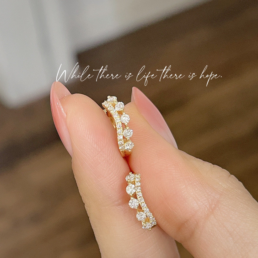 Art Deco 18K Solid Gold Crown Diamond Hoop Earrings, Dainty Diamond Earrings