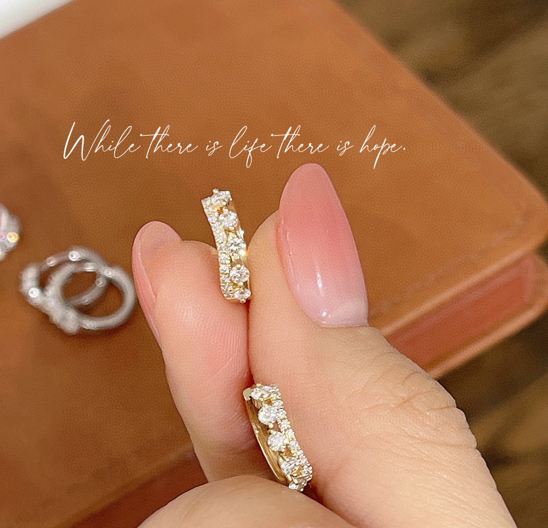 Art Deco 18K Solid Gold Crown Diamond Hoop Earrings, Dainty Diamond Earrings