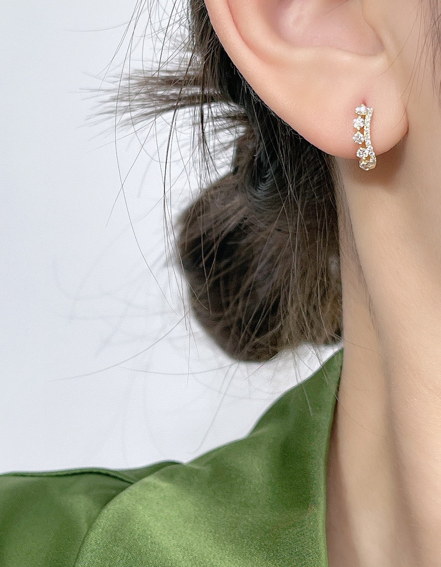 Art Deco 18K Solid Gold Crown Diamond Hoop Earrings, Dainty Diamond Earrings