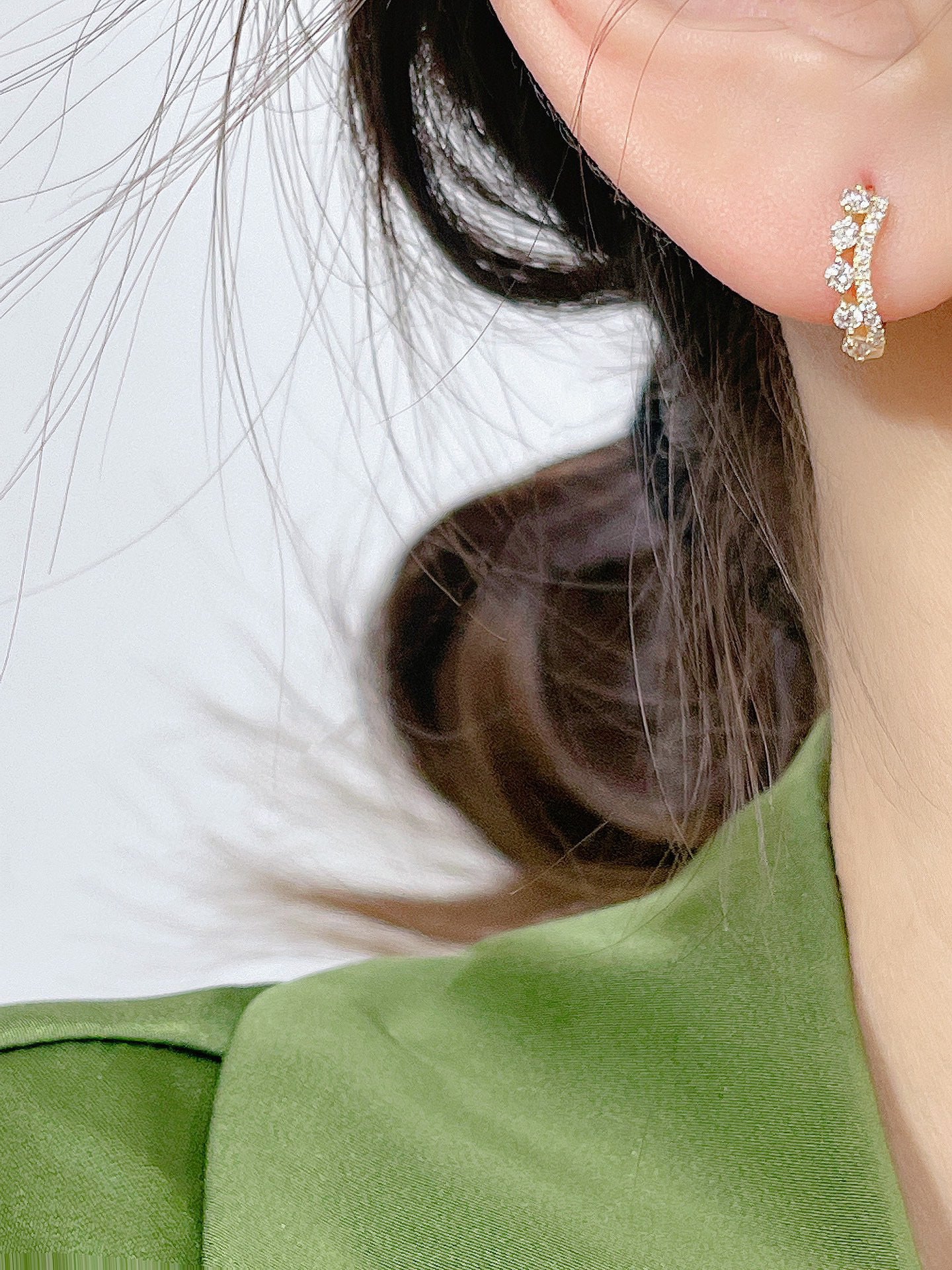 Art Deco 18K Solid Gold Crown Diamond Hoop Earrings, Dainty Diamond Earrings