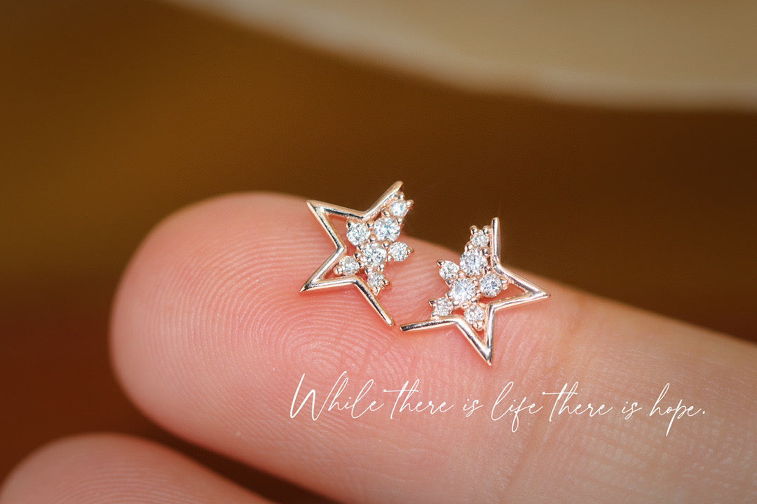 Dainty 18K Solid Gold Star Diamond Stud Earrings, gift for her