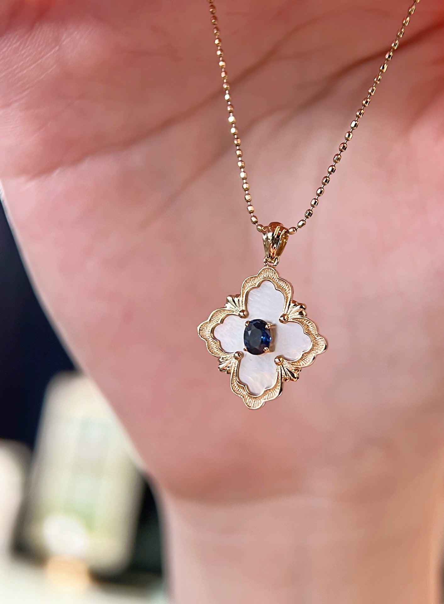 Lucky Clover Sapphire Pendant, 18K Solid Gold Sapphire Four Leaf Flower Pendant